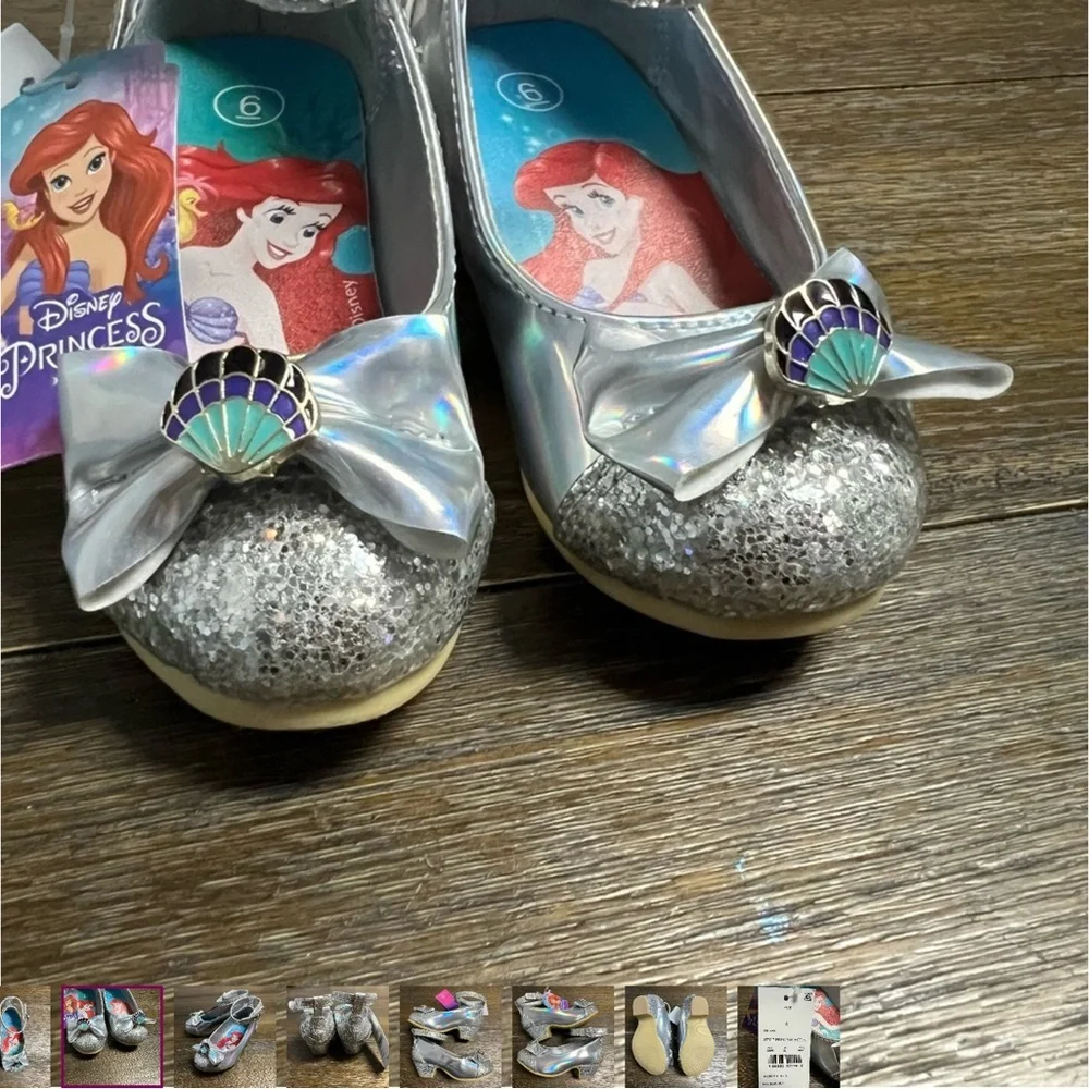 New Disney glitter heeled dress up shoes Ariel  in silver size 6